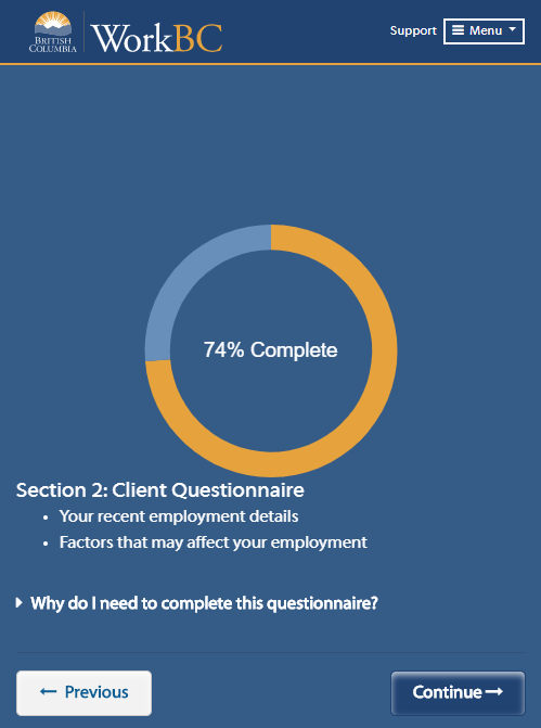 OES Section 2 Client Questionnaire screen shot